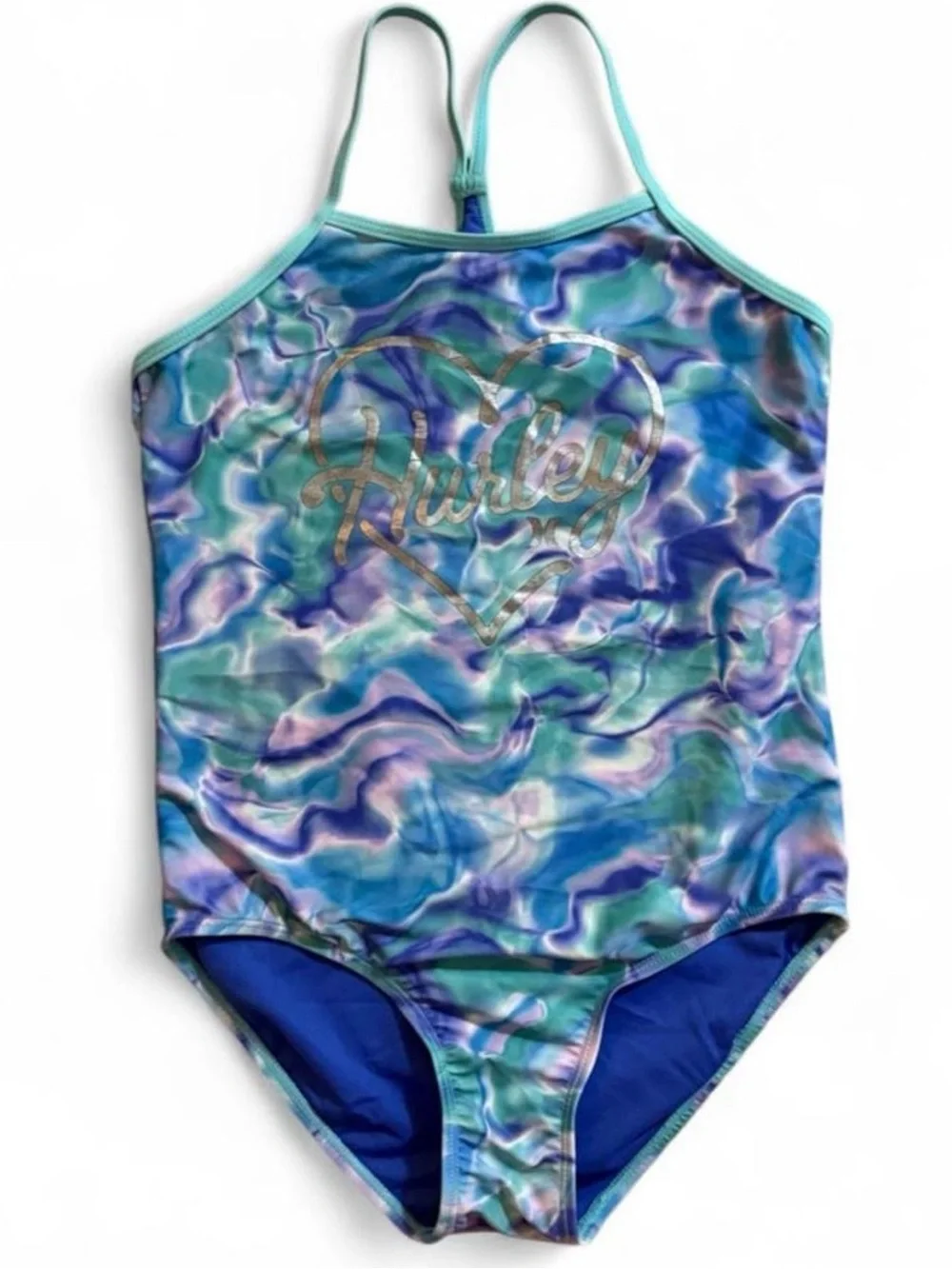 Hurley Girls' Multi Blue Teal Marble One-Piece Swimsuit